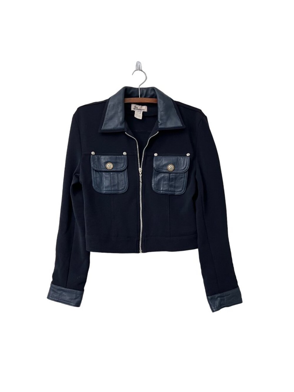 Vintage J.Harris Womens Navy Blue Leather Trim Lion Buttons Zip Jacket Size XS